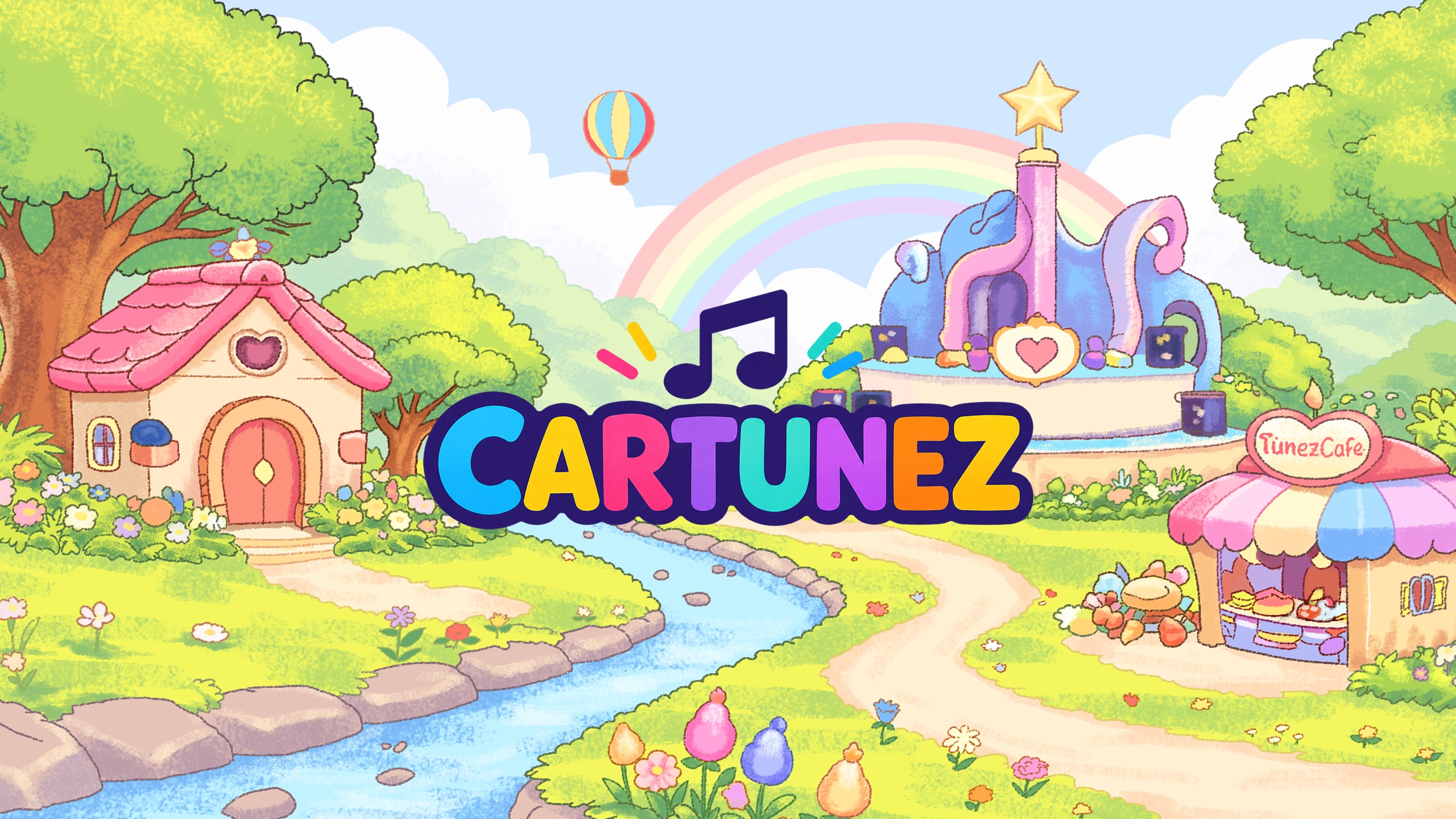 Colorful CarTunez cartoon world with a rainbow, cottage, and music note